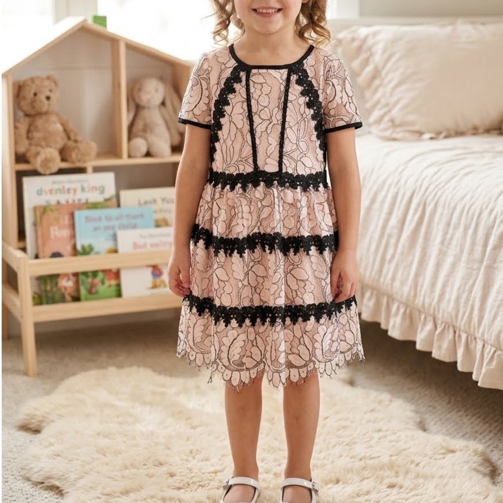 GB Girls Pink Black Floral Lace Tiered Party Dress Size 5 DX8811RL